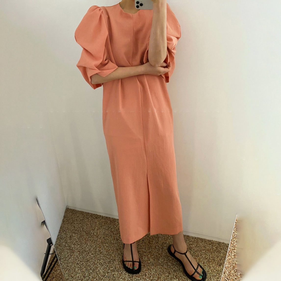 Puff Sleeve Front Slit Maxi Dress