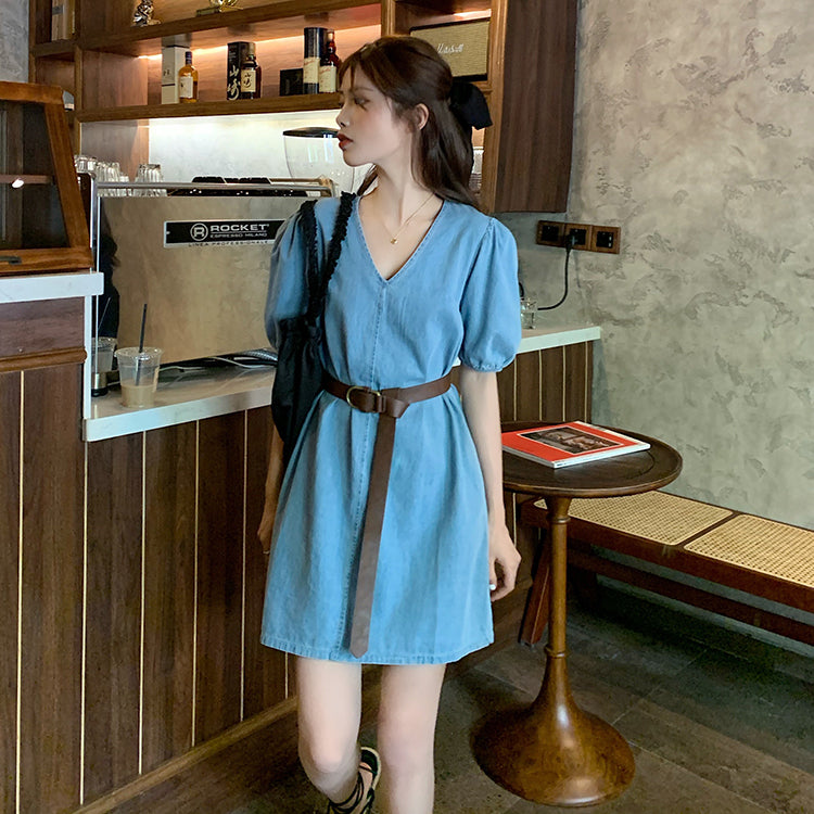 Denim V-Neck Puff Sleeve Dress