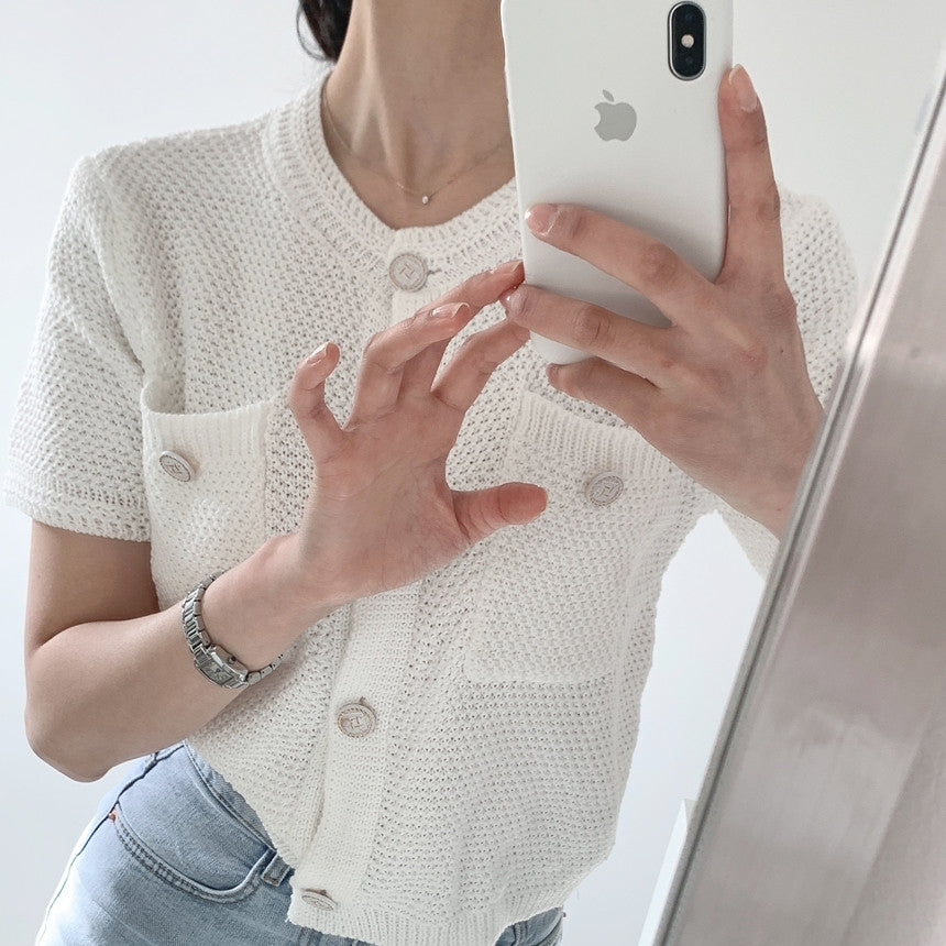 Short Sleeve Round Neck Button Down Sweater Top