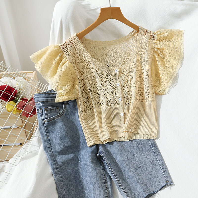 Lace Ruffle Sleeve Button Down Crop Top