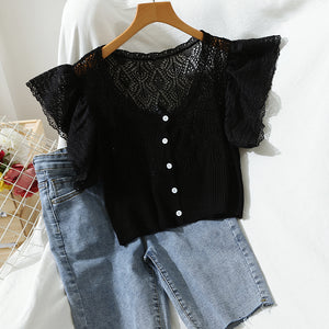 Lace Ruffle Sleeve Button Down Crop Top