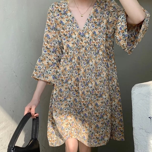 Trumpet Sleeve Floral Babydoll Dress