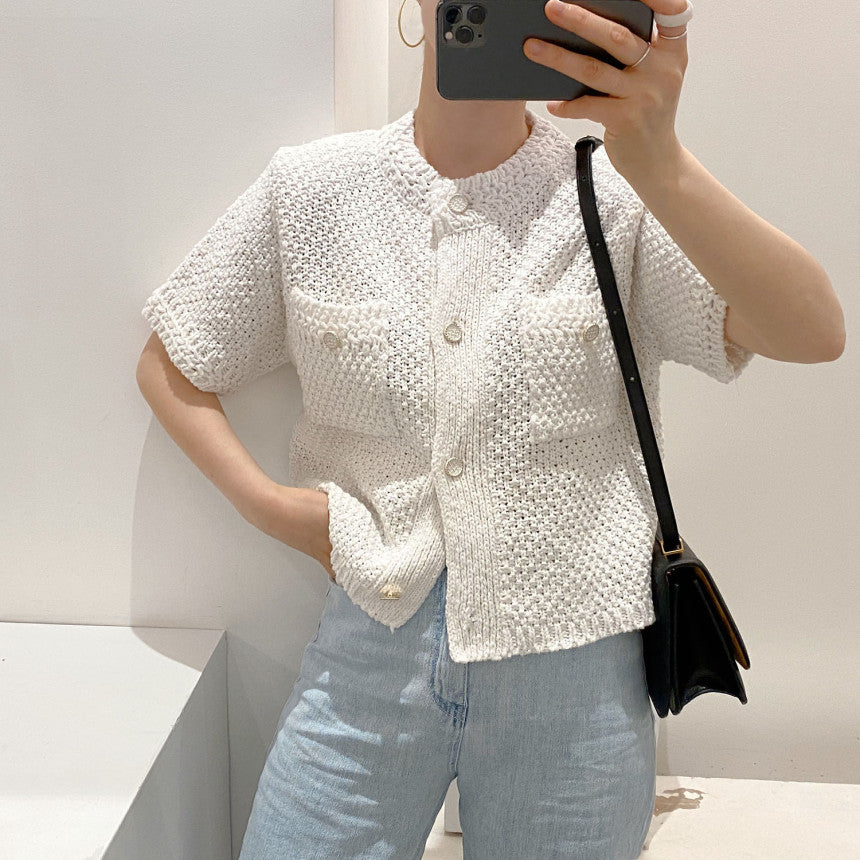 Short Sleeve Round Neck Button Down Sweater Top