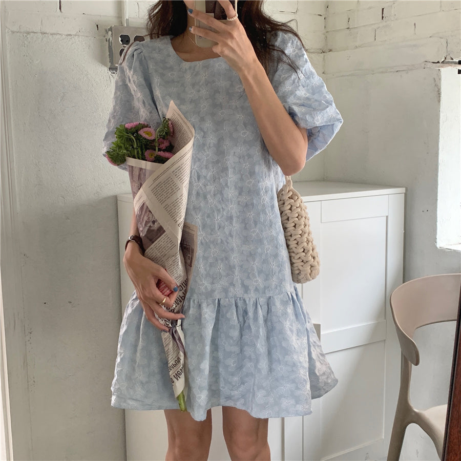 Embroidery Puff Sleeve Ruffle Hem Dress