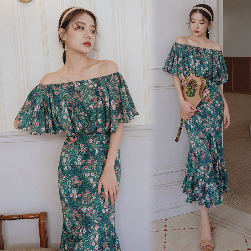 Floral Off Shoulder Mermaid Hem Dress