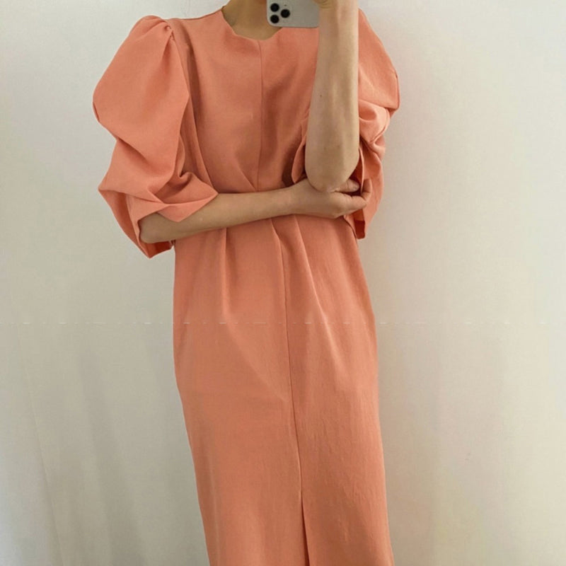 Puff Sleeve Front Slit Maxi Dress